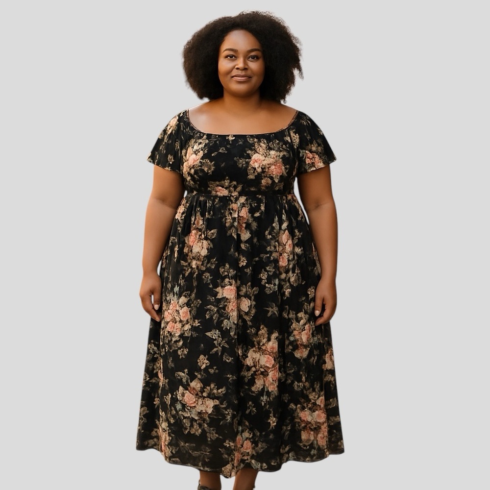 SHEIN Women’s Floral Smocked Midi Dress Off Shoulder Boho Romantic Size 3XL